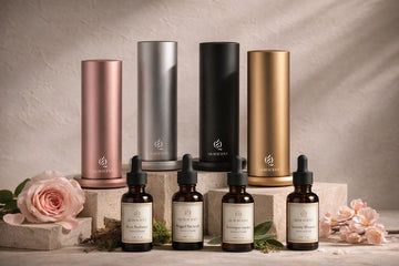 Set of skincare products with bottles and containers on a neutral background