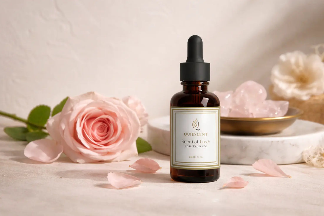 Bottle of Oudhence Rose Radiance oil with a pink rose and rose petals on a light background