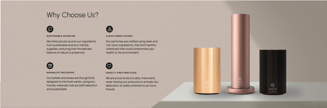 Three cylindrical containers in rose gold, silver, and black on a light gray surface with a beige background.